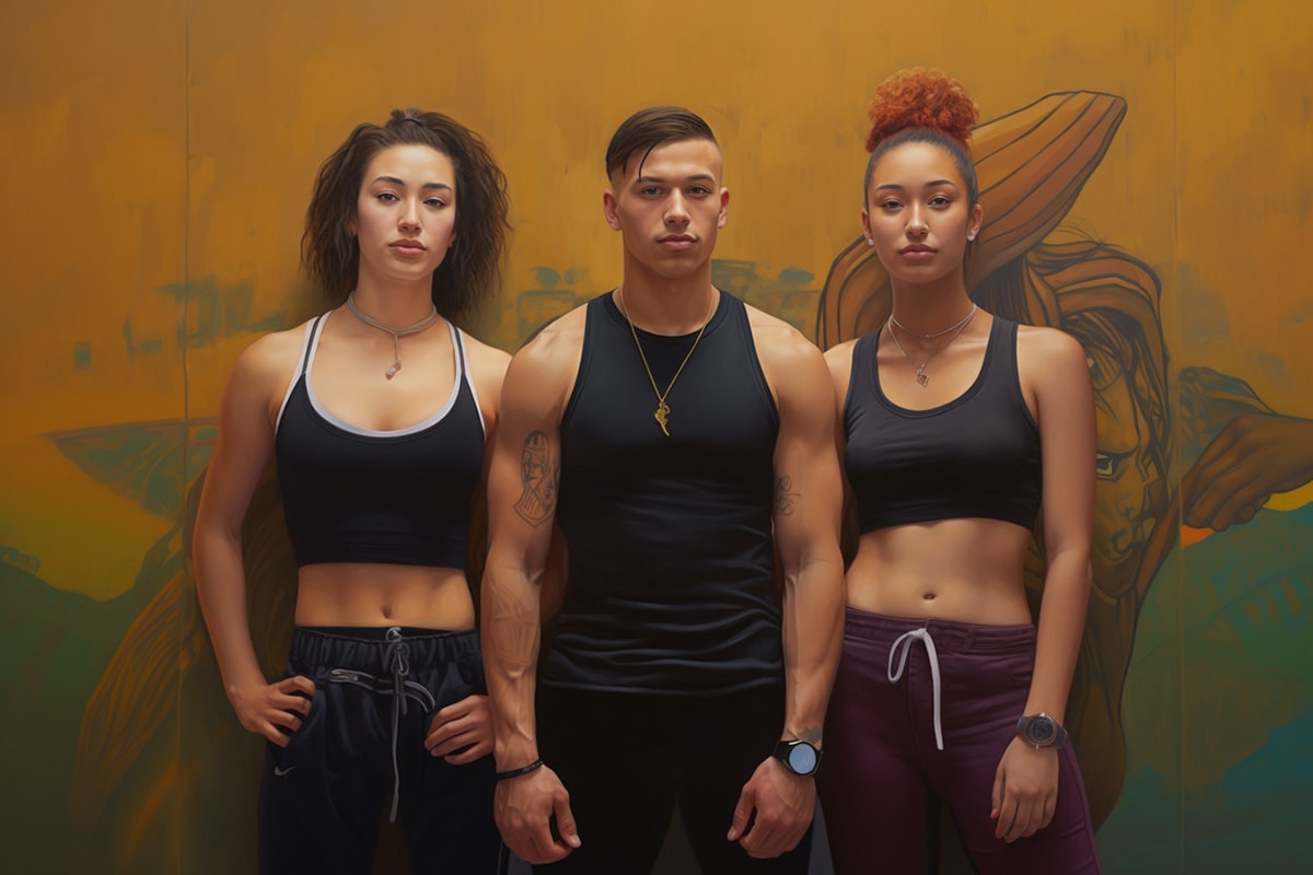 Three athletic individuals pose confidently in front of a vibrant mural, each wearing black crop tops and workout gear. The image centers a muscular FTM-presenting person between two strong femme-presenting figures, celebrating body diversity and trans-inclusive fitness culture.