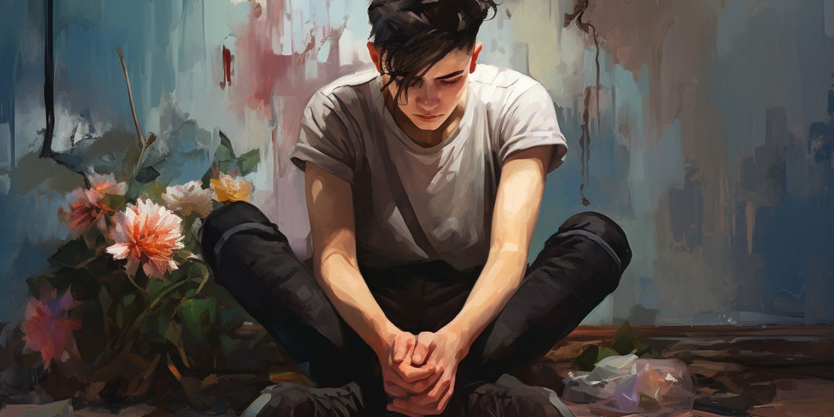 A non-binary youth sits cross-legged on a weathered wooden floor, head bowed in quiet reflection. Surrounded by pastel flowers and peeling wall paint, the image captures the vulnerability and resilience often felt in queer self-discovery.