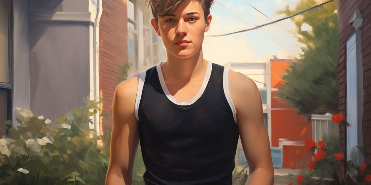 Non-binary, androgynous tomboy transman lesbian in a black tank top, showcasing a flat chest with pride, posing in a neighborhood backyard. Featured in TOMSCOUT Chest Binders collection, LGBTQ+ Clothing, and Tote Bags on an LGBTQ-owned e-commerce store's home page.