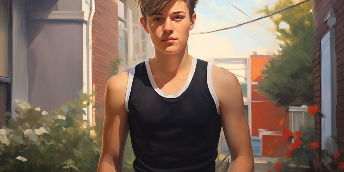 Trans man standing confidently in a quiet alley, sporting a black tank top—TOMSCOUT’s soft masculinity and everyday trans representation captured in natural light.