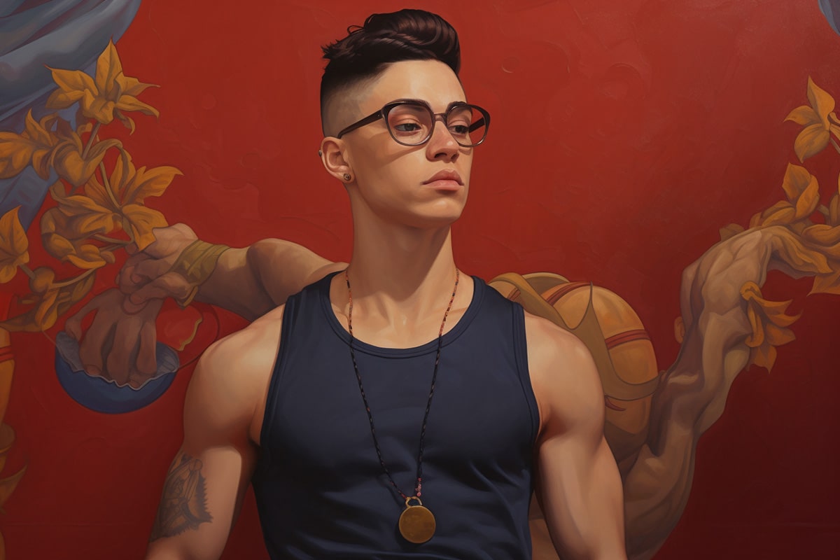 A non-binary androgynous tomboy transman lesbian with glasses in a black tank top with a flat chest, posed against a vibrant red color wallpaper. TOMSCOUT Chest Binding Safe Guide
