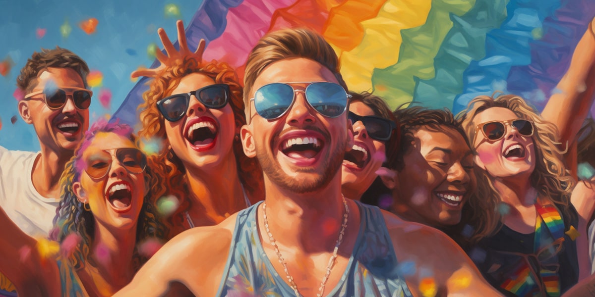 Group of FTM-presenting friends laughing and dancing under a massive pride flag at a festival—TOMSCOUT’s vision of trans joy, chosen family, and collective pride in motion.