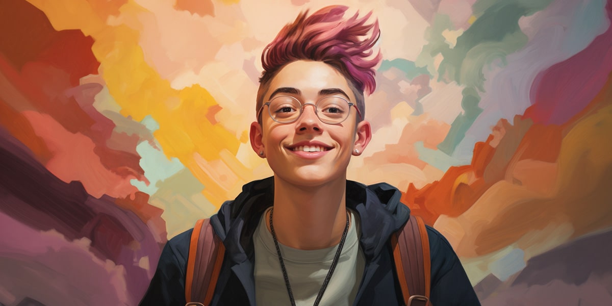 Non-binary youth with windswept pink hair and round glasses, smiling under a dreamy pastel sky—TOMSCOUT’s ode to self-discovery, identity euphoria, and boundless trans empowerment.