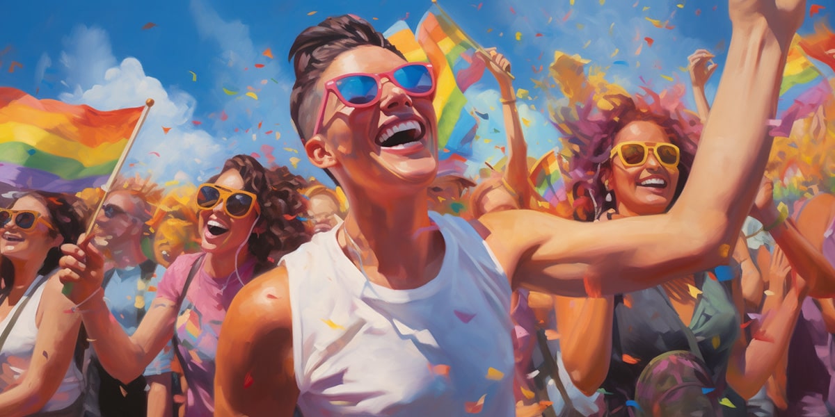 Ecstatic tomboy in bright sunglasses and white tank top, dancing through rainbow confetti at a lively Pride parade—TOMSCOUT’s bold celebration of gender diversity and queer freedom in full technicolor.