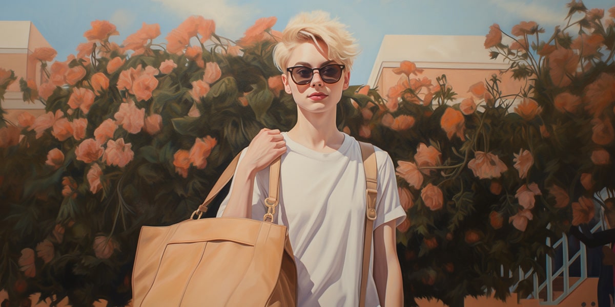 Fashion-forward lesbian in sunglasses, white tee, and a beige oversized tote, posing confidently beside blooming peach roses—TOMSCOUT’s floral-fresh fusion of queer visibility and elevated everyday fashion.