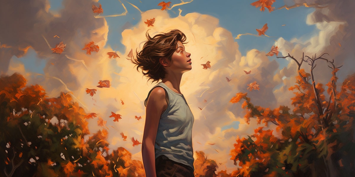 A non-binary androgynous tomboy transman lesbian child gazing at the autumn sky, surrounded by falling maple leaves, representing contemplation and growth, displayed on TOMSCOUT Contact Information.