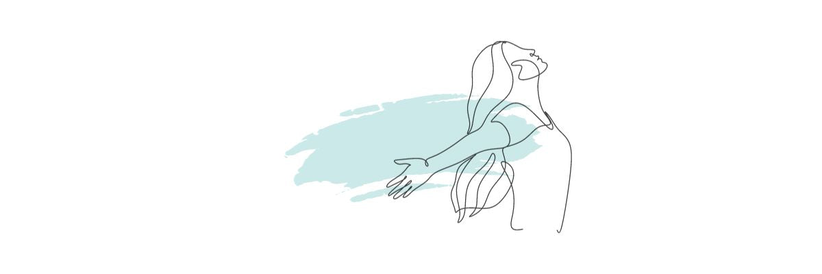 A line Illustration of a non-binary person silhouette with two hands open wide and a stroke brush of turquoise color in the middle. TOMSCOUT Customer Testimonials and Chest Binder Reviews