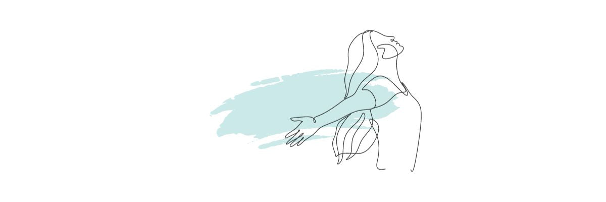 Minimalist line art of a person joyfully spreading their arms open against a soft teal watercolor stroke, symbolizing the emotional freedom and empowerment that comes from wearing a TOMSCOUT binder.