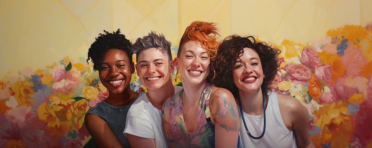 Joyful assembly of non-binary, androgynous tomboys, transmen, and lesbians, all sharing happiness and celebrating pride, depicted in TOMSCOUT Frequently Asked Questions.