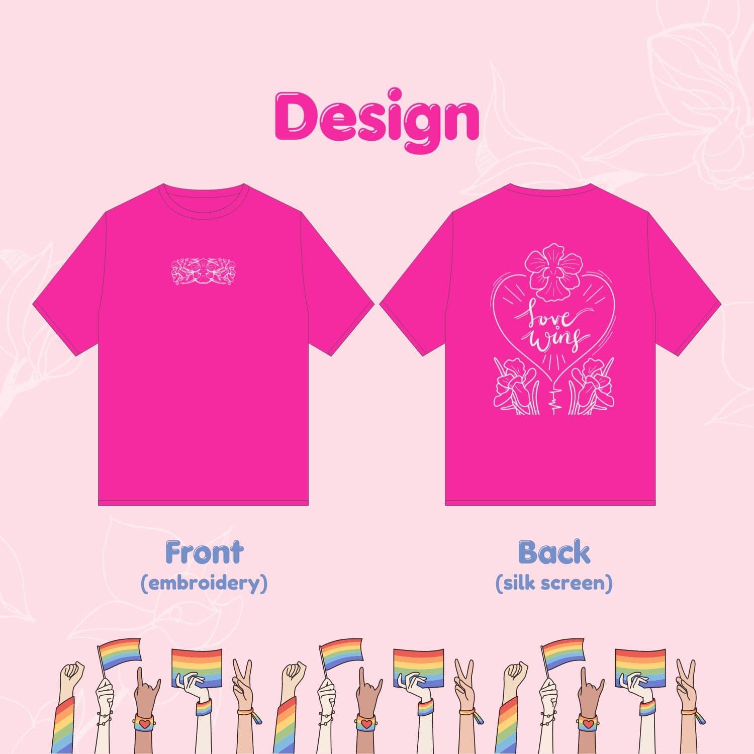 Explore the full TOMSCOUT Flourish Design from the LGBT Pride Kits, exclusive to Singapore. This detailed t-shirt showcases a creative and sustainable design on both the front and back, exemplifying the complete look of LGBT pride and fashion.