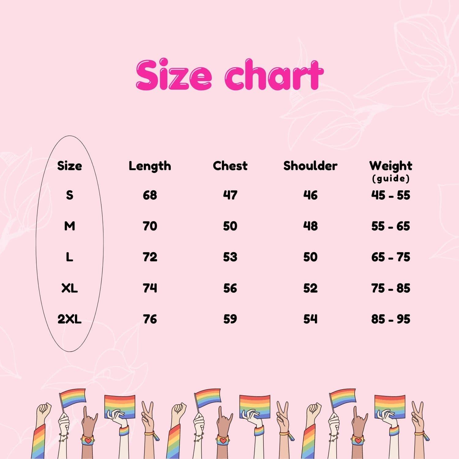 TOMSCOUT Flourish Size Chart - Accurately tailored for the LGBT Pride Kits in Singapore, this comprehensive size chart ensures a perfect fit for your sustainable pride apparel and accessories.