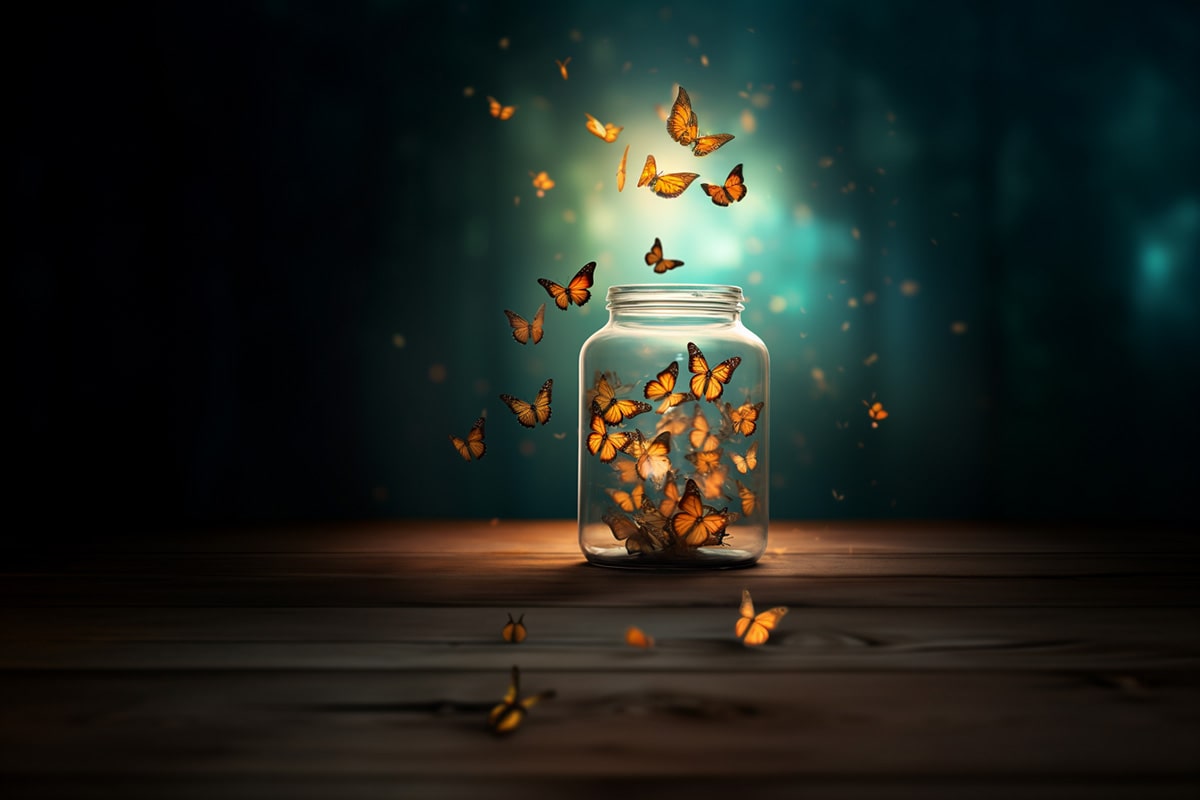 Metaphorical depiction of the happy LGBT community, with butterflies joyously flying out of a jar against a beautifully serene night scene, bathed in cool blue tones.