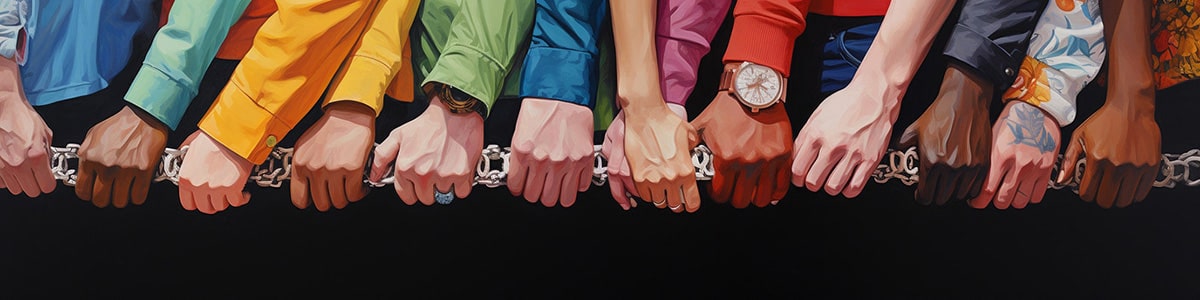 A diverse group of individuals, united in love and equality, holding hands and proudly wearing LGBTQ+ pride-inspired shirts, showcasing the strength of unity and inclusion. TOMSCOUT Chest Binders, LGBTQ+ Clothing, Tote Bags LGBTQ owned E-commerce Store Home Page.
