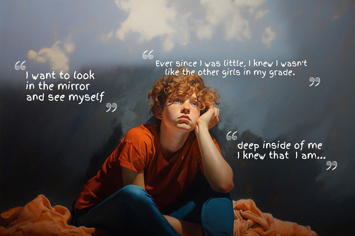 A non-binary androgynous tomboy transman lesbian deep in thought, contemplating their personality and reflecting on their personal journey of self-discovery. TOMSCOUT Chest Binders, LGBTQ+ Clothing, Tote Bags LGBTQ owned E-commerce Store Home Page.