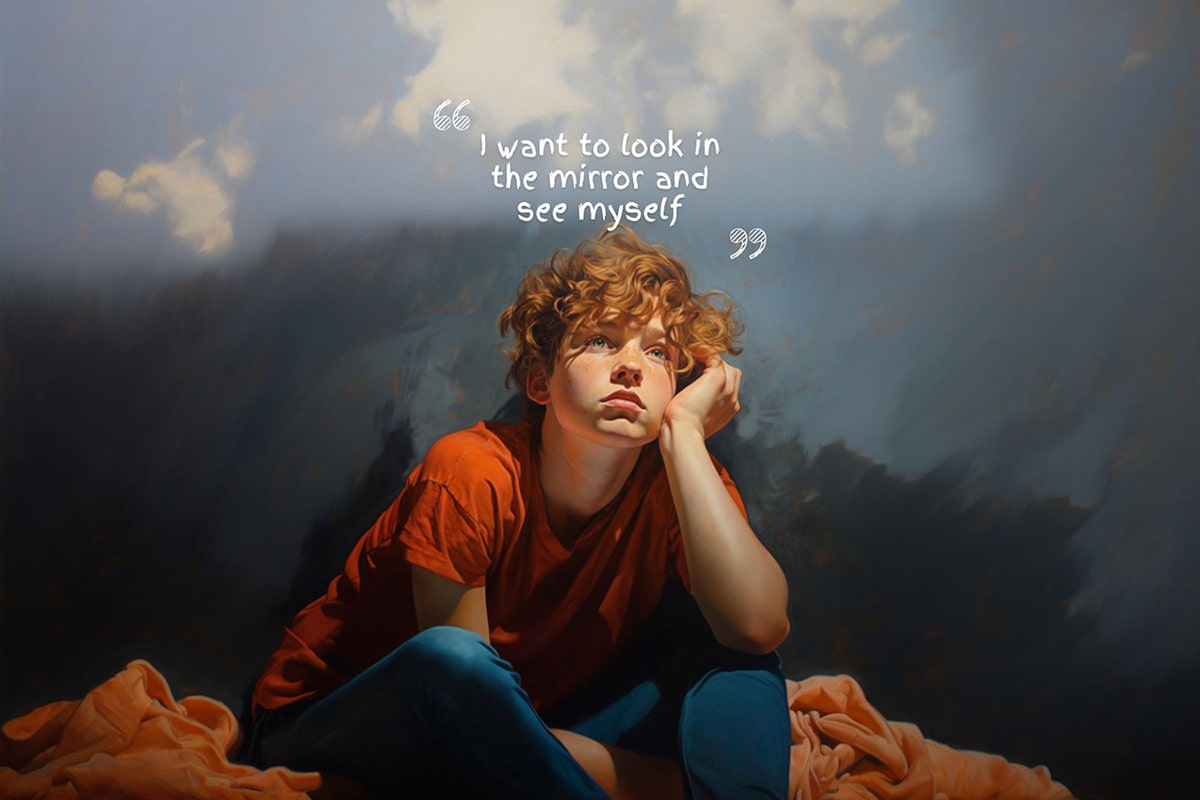 A non-binary androgynous tomboy transman lesbian deep in thought, contemplating their personality and reflecting on their personal journey of self-discovery. TOMSCOUT Chest Binders, LGBTQ+ Clothing, Tote Bags LGBTQ owned E-commerce Store Home Page.