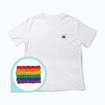 Product image of an embroidered t-shirt with a pride flag, showcasing a simple yet classic design. This sustainable and sophisticated piece reflects TOMSCOUT's commitment to elegant and eco-friendly fashion.