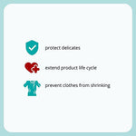 Simple TOMSCOUT laundry care graphic showing icons for “protect delicates,” “extend product life cycle,” and “prevent clothes from shrinking.” A clear, accessible reminder that care is an act of self-love—and preservation of gender-affirming essentials.