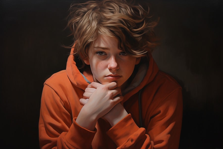 A non-binary androgynous tomboy transman lesbian with a self-hugging posture, wearing a bright orange hoodie, visibly expressing body dysphoria regarding their physical appearance. TOMSCOUT LGBTQ+ Communities and Organizations