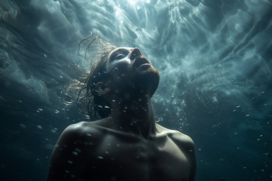 Artistic depiction of a non-binary androgynous tomboy transman lesbian struggling underwater, a metaphor for feelings of helplessness and suffocation related to their identity, showcased by TOMSCOUT LGBTQ+ Communities and Organizations.