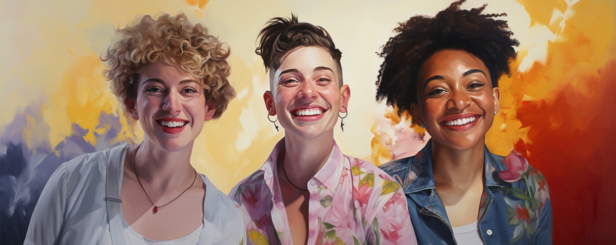 A joyful assembly of non-binary, androgynous tomboys, transmen, and lesbians, all sharing happy expressions and celebrating pride and equality, featured in TOMSCOUT LGBTQ+ Communities and Organizations.