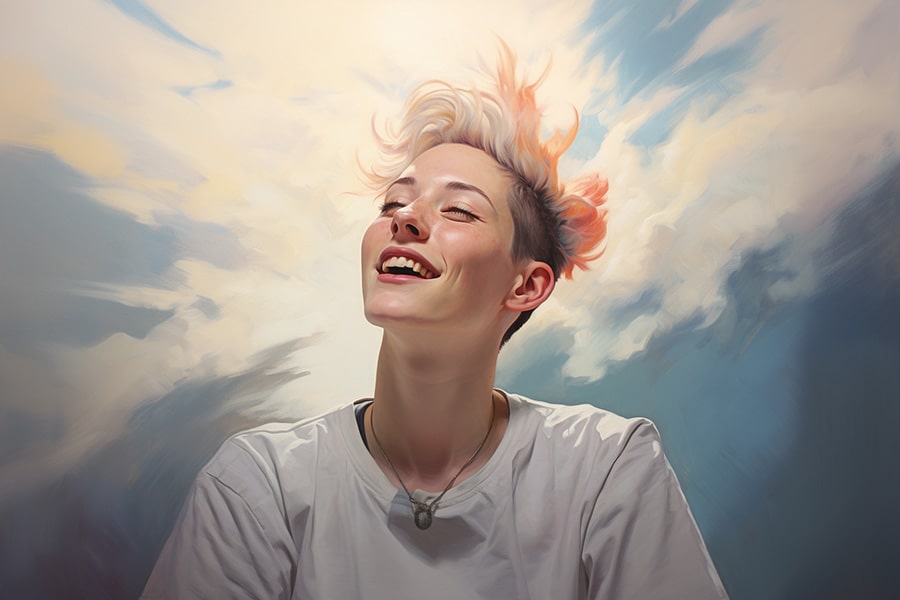Androgynous person with peach-toned hair smiling under a dreamy, pastel sky—eyes closed in a moment of pure joy. The soft lighting and windswept clouds reflect inner peace and authenticity, mirroring TOMSCOUT’s commitment to comfort, pride, and gender euphoria.