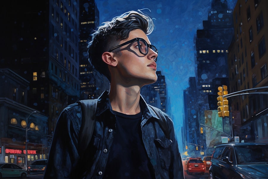 Stylized painting of a tomboy-presenting individual walking through a glowing city at night, lit by traffic lights and urban energy. Their sharp undercut and oversized glasses convey bold self-expression and gender nonconformity, aligned with TOMSCOUT’s fearless style and freedom.