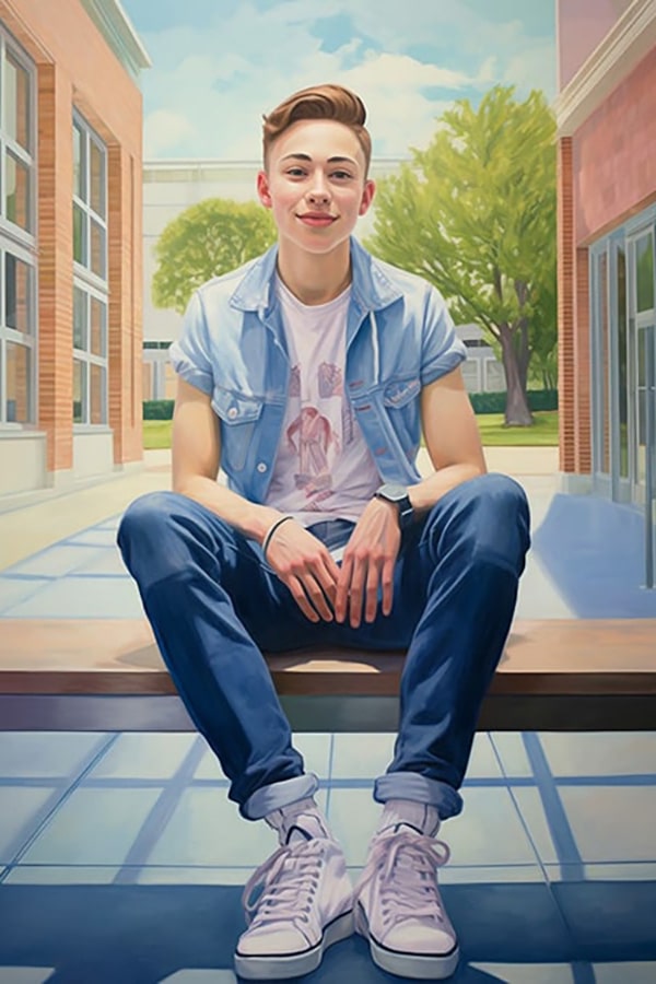 Transgender man sitting on a campus, confidently smiling while wearing a chest binder, symbolizing his journey in fighting body dysphoria, post-top surgery and during his testosterone journey.