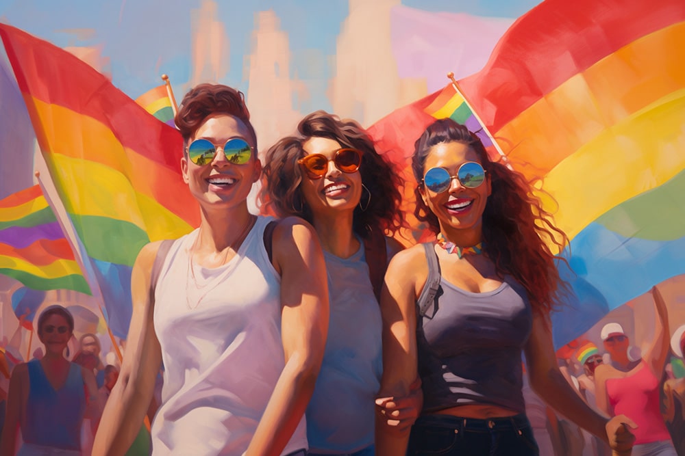 Diverse group of happy females at a pride march, proudly carrying a pride flag, captured in a warm tone that emphasizes diversity and inclusivity in the LGBT community.