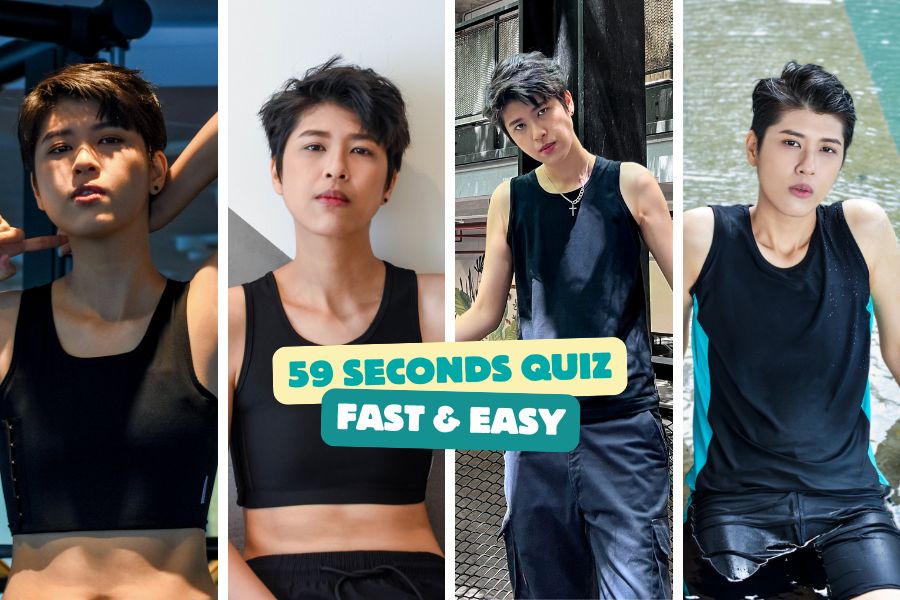 Four transmasc and non-binary models wearing different TOMSCOUT chest binder styles, with a bold overlay text that reads “59 Seconds Quiz – Fast & Easy” to help find the perfect chest binder fit.