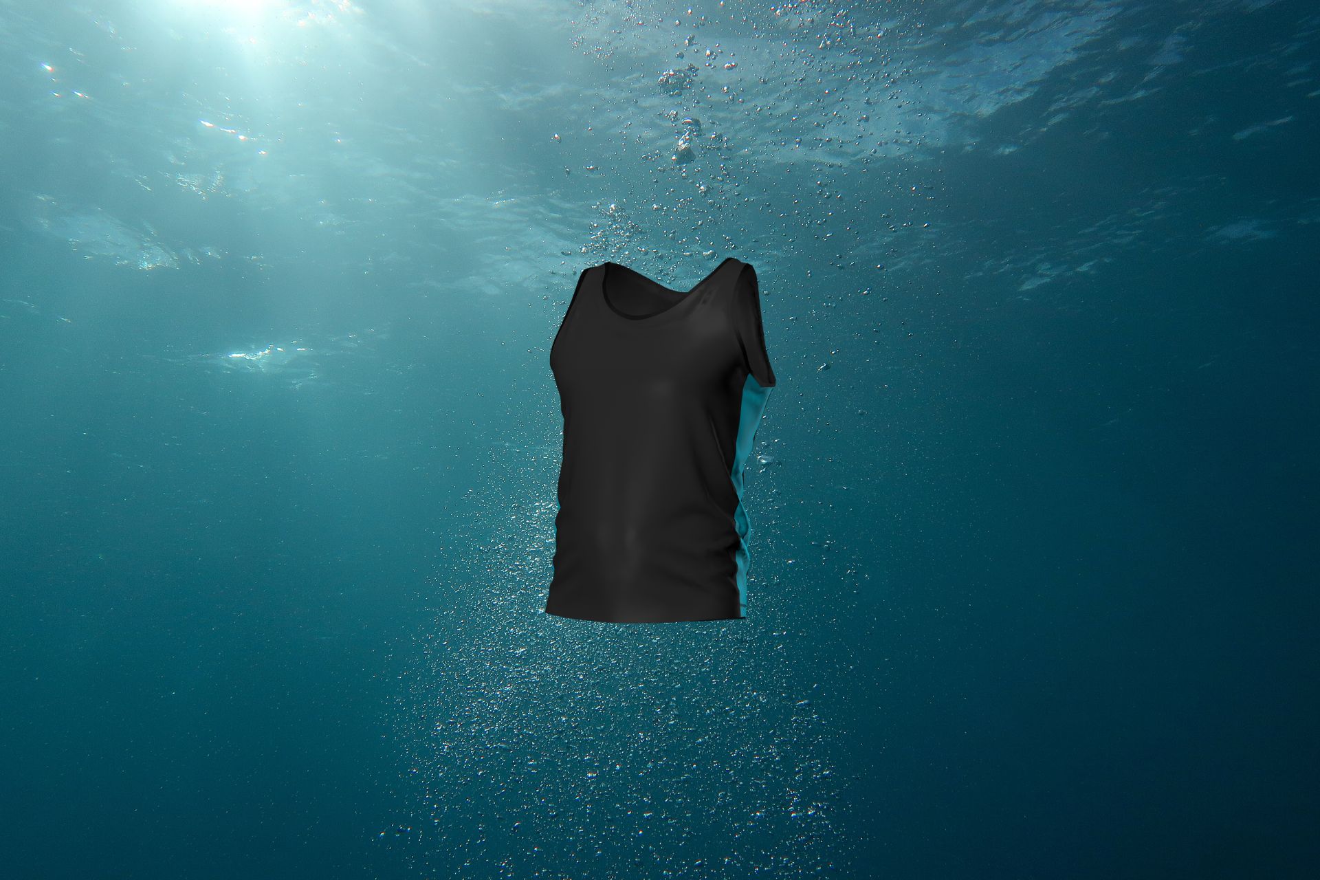 3D imagery of the TOMSCOUT SAPPHIRE swimming chest binder underwater, showcasing its adaptability and resilience in the ocean.