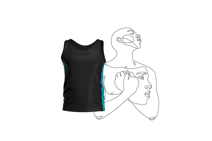 3D visualization of a swimming chest binder tank top with line illustration body art, depicting the artistic expression of the TOMSCOUT SAPPHIRE - SWIMMER BINDER.