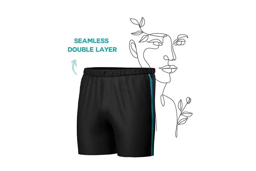 3D image of swimming trunk shorts accompanied by line illustration face art, showcasing the creative design of TOMSCOUT SAPPHIRE - SWIMMER BINDER.