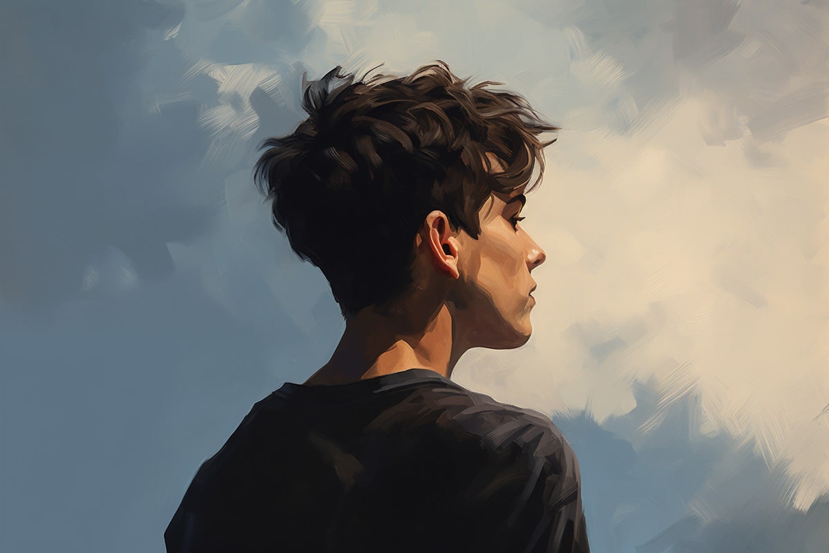 Silhouette of a non-binary person with a short clean haircut, alone, embodying feelings of anxiety and depression, set against a cool-toned backdrop.