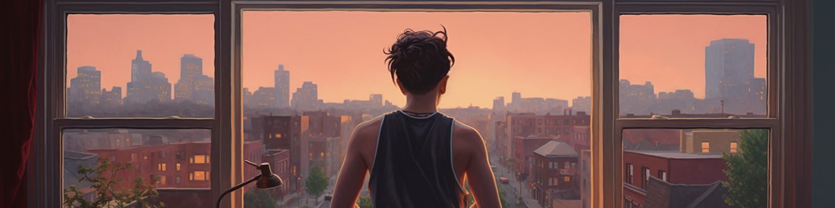 Non-binary individual in a black tank top, contemplatively watching the city's urban sunset view from a high vantage point.