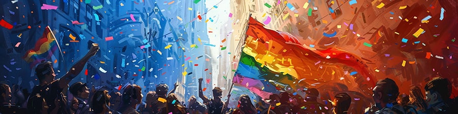 Pride flag waving proudly at a festival, amidst a vibrant pride march. The air is filled with confetti, signifying celebration and joy within the LGBT community. This image captures the essence of unity, diversity, and the spirited heart of the pride movement.