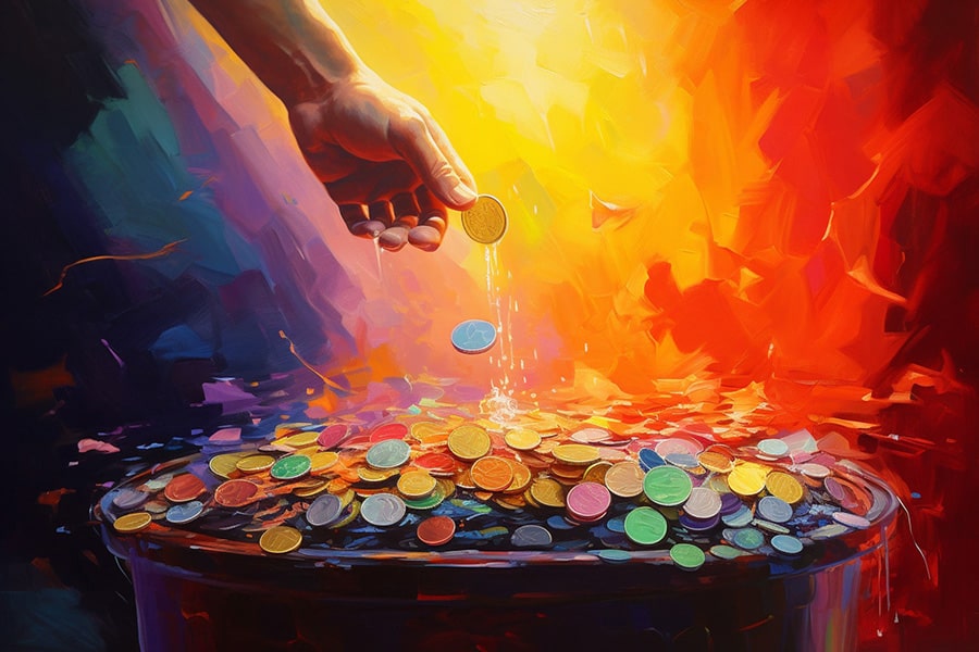 Hand placing a coin into a whimsical tipping box, surrounded by vibrant pride-colored coins and money, capturing a dreamy fantasy theme.
