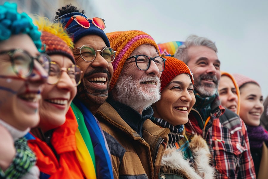 A group of diverse LGBTQ+ community members standing together in solidarity, holding a banner that reads "Support Through Generosity" as they participate in a fundraising event. The image conveys a sense of unity, compassion, and collective effort to raise funds for important causes within the LGBTQ+ community, highlighting the power of donations and community support to make a positive impact.