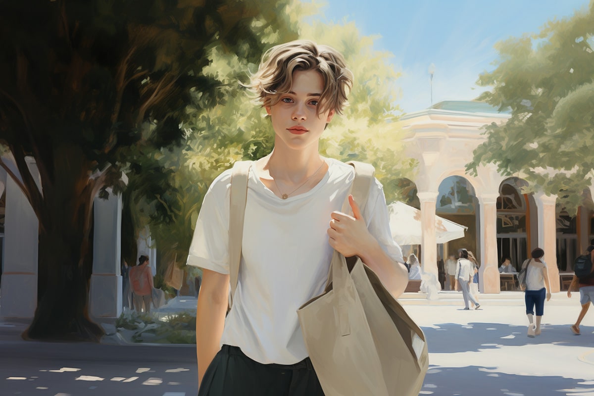 Non-binary transgender individual in a white shirt and long pants, exuding fashion style with a TOMSCOUT tote bag on a campus backdrop, embodying pride and promoting sustainable fashion.