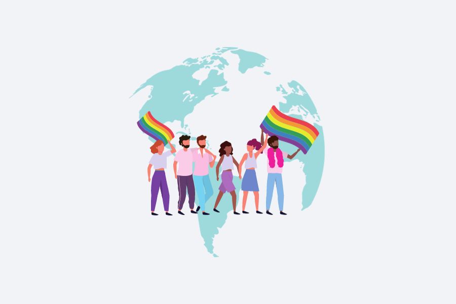 Flat design illustration showing a group of queer people proudly holding a Pride Flag, representing the TOMSCOUT Tracking Order Shipment Status.