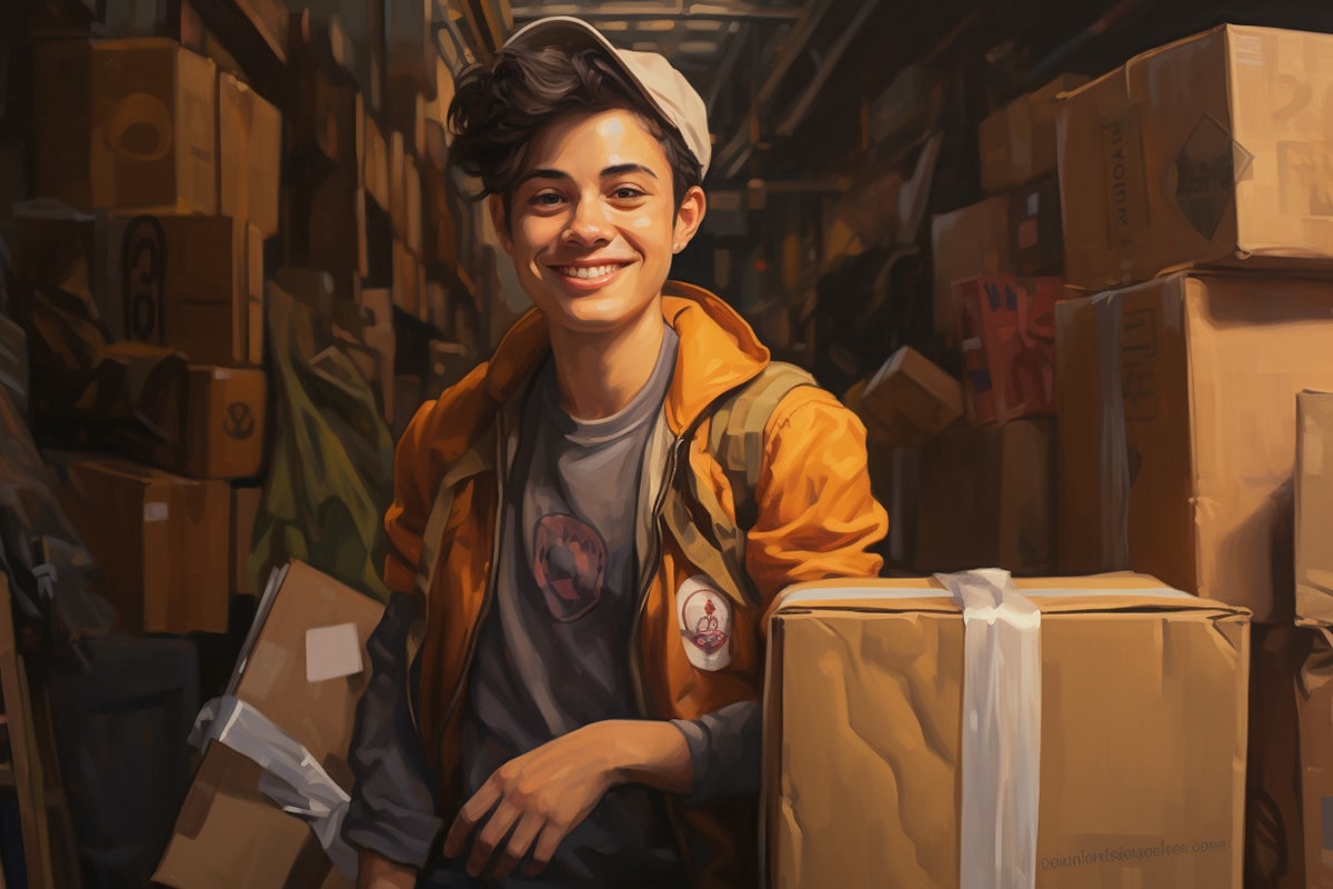 A non-binary androgynous tomboy transman lesbian delivering a TOMSCOUT shipment right to your doorstep, featured in the TOMSCOUT Tracking Order Shipment Status.