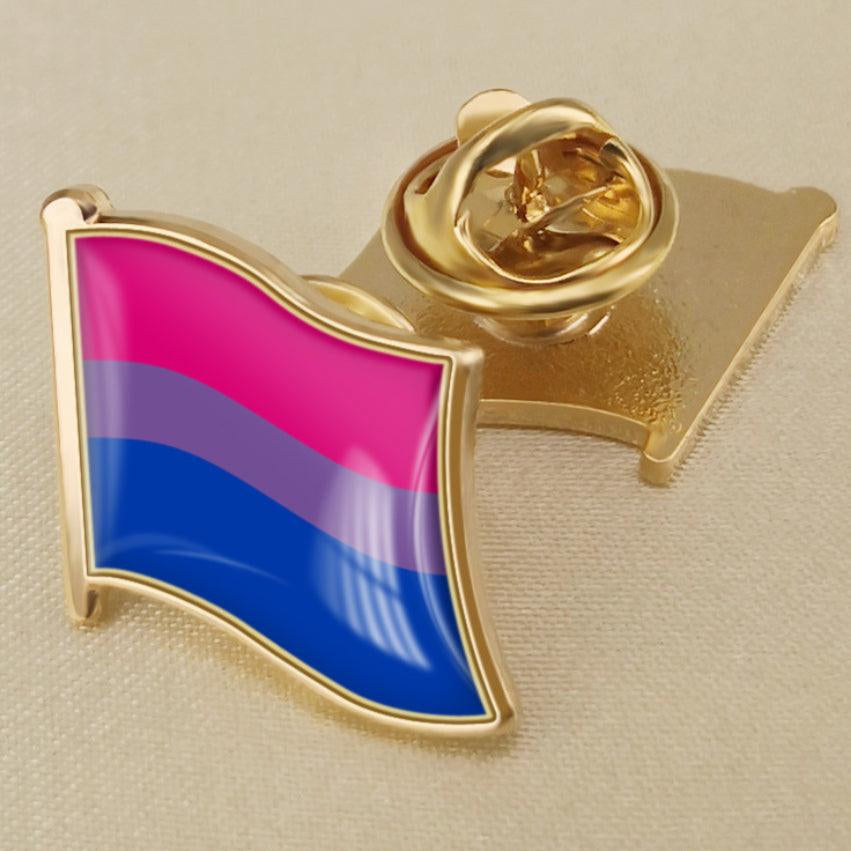 Product listing image of a TOMSCOUT LGBTQ+ Pride Bisexual Metal Badge, pinned on a shirt, showcasing a symbol of pride and identity.