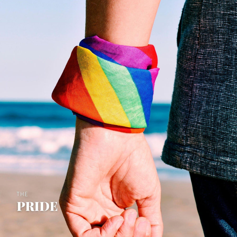 A hand featuring with a LGBT rainbow pride bandana on the seaside, TOMSCOUT PRIDE BANDANA.