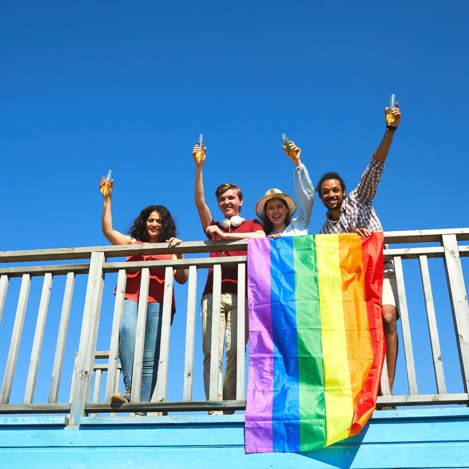 A joyful group of friends cheering with an LGBTQ Rainbow Pride Flag, encapsulating the community spirit of the TOMSCOUT LGBTQ+ Classic Pride Flag.