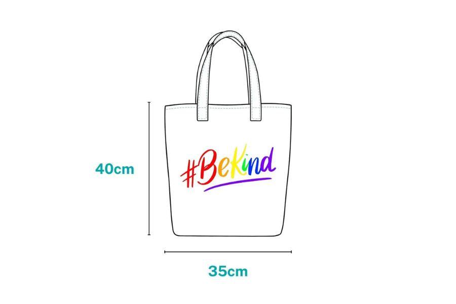 #BeKind - Showcase your support and pride with the TOMSCOUT pride tote bag, a product that combines sustainable fashion with a powerful message of kindness, inclusivity, and LGBTQ+ solidarity, captured in this striking product image.